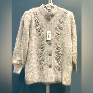 Lee Sands Rabbit Angora Hair Blend Cardigan Sweater Size: ONE Size With Pockets